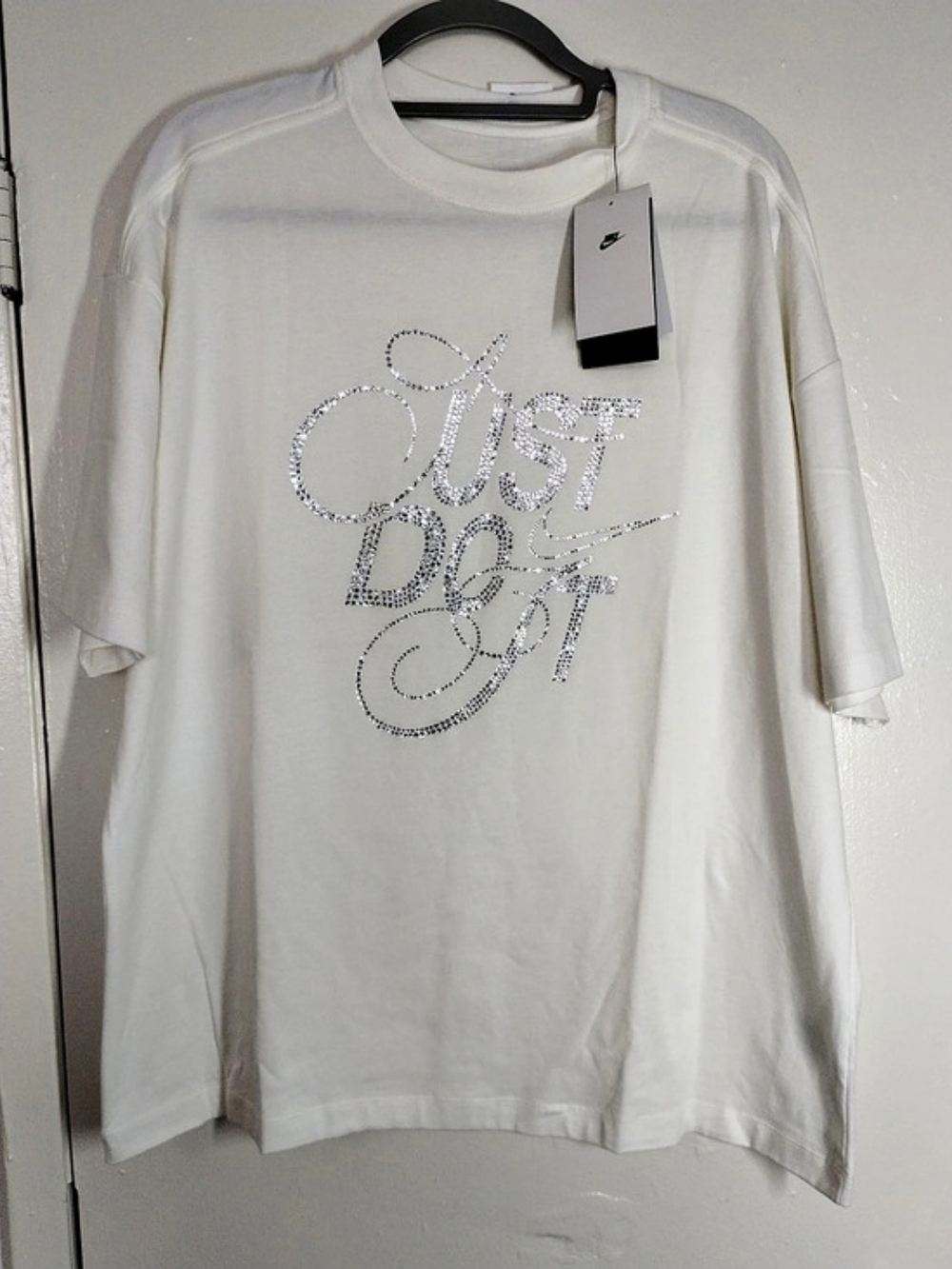 Nike Just Do It Rhinestone Embellished Oversized T-Shirt Long Sleeve Tee White